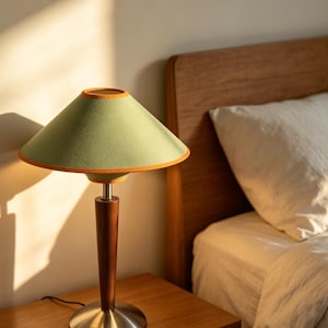 May include: A green table lamp with an orange trim on the lampshade, placed on a wooden bedside table. The lamp features a dark brown wooden stem and a silver-coloured circular base. A wooden headboard and a bed with white bedding are in the background.
