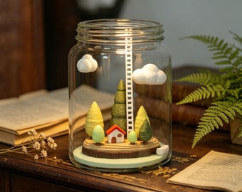 Lámpara de noche artesanal con diseño de escena de bosque en un frasco de vidrio, estilo cabaña encantadora, decoración acogedora para el hogar.