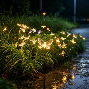 Pode incluir: Estacas de jardim de borboleta iluminadas. A imagem mostra várias luzes brilhantes em forma de borboleta em um jardim. As borboletas são de vários tamanhos e cores, com um brilho quente e convidativo. A cena é noturna, com as luzes refletindo no chão molhado.