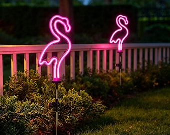 Lámpara solar de jardín con forma de flamenco de neón, color rosa, LED, resistente al agua, para decoración de exteriores.