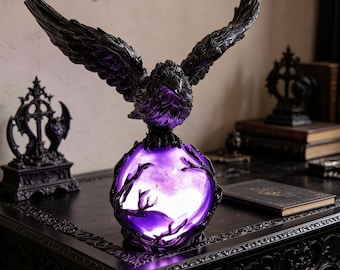Lámpara LED con bola de cristal de cuervo gótico, luz de decoración mística y oscura de bruja