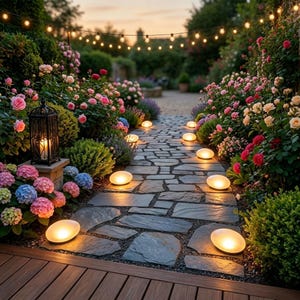 Puede incluir: Un camino de piedra iluminado por luces redondas y brillantes serpentea a través de un exuberante jardín. El camino está bordeado de vibrantes rosas rosas, rojas y amarillas, hortensias y otras flores coloridas. Luces de cadena crean un ambiente cálido.