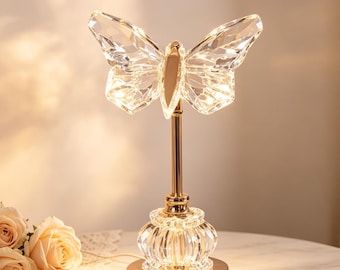 Lámpara de noche con forma de mariposa de cristal, lámpara de mesa de cristal con base dorada, iluminación minimalista para el dormitorio.