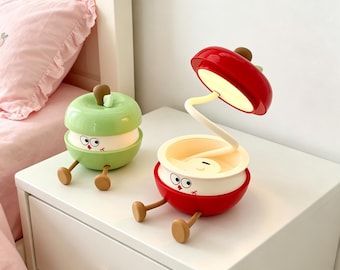 Lámpara de noche LED con diseño de manzana de dibujos animados, lámpara de escritorio con cuello de cisne ajustable, decoración kawaii para dormitorio infantil.