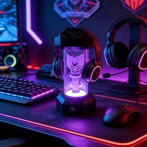 Op de afbeelding: Een gaming-opstelling met een zwart toetsenbord, muis en headset. Een gloeiende paarse headsetstandaard met een trofee-achtig ontwerp is het middelpunt. De scène wordt verlicht met neonblauwe en paarse lichten, wat een futuristische esthetiek creëert.