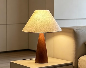 Japandi Style Wooden Table Lamp, Neutral Linen Shade Bedside Light