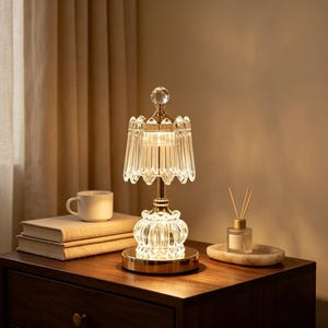 Może przedstawiać: Lampa stołowa ze złotym metalowym trzonkiem i kloszem z przezroczystego, fasetowanego szkła o wiszącym kryształowym wzorze. Podstawa wykonana jest z przezroczystego, teksturowanego szkła o zaokrąglonym kształcie, zwieńczona małym, przezroczystym kryształowym detalem.