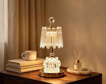 Lámpara de mesa pequeña de cristal acanalado, luz decorativa cálida de estilo rústico para dormitorio.