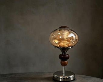 Lámpara de mesa retro de cristal burbuja, lámpara de mesita de noche de estilo medieval moderno de madera y metal.