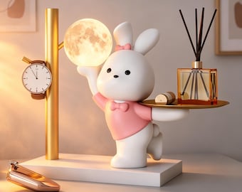 Lámpara de noche Bunny Moon, base de nube de resina, lámpara LED regulable, decoración para dormitorio.