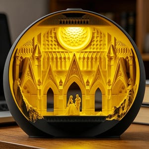 Puede incluir: Lámpara decorativa redonda y negra con una escena de catedral iluminada. El interior brilla con una cálida luz amarilla, mostrando detalles arquitectónicos y una pareja. El diseño incluye arcos, agujas y una ventana circular. Un elemento decorativo.