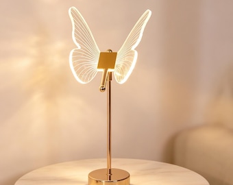 Lámpara acrílica con mariposa dorada, lámpara de mesa LED con diseño floral grabado, decoración romántica.