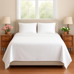 May include: A bed featuring a plain white comforter and two matching white pillows. The bed is positioned between two wooden nightstands, each topped with a lamp and a small potted plant with pink or white flowers.