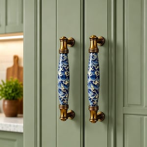 Tirador de cajón de cerámica azul y blanco con diseño de olas, tirador de armario de latón vintage, pomo decorativo para muebles, herrajes para armarios de cocina.