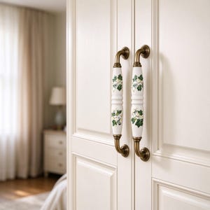 Vintage Ceramic Cabinet Pulls & Knobs | Antique Brass Drawer Handles | Cottagecore Floral Furniture Hardware for Kitchen Dresser