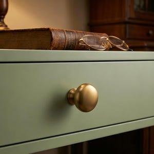 May include: A sage green drawer front featuring a single round, brushed brass knob. Resting on the top surface of the drawer is a weathered, leather-bound antique book positioned horizontally with a pair of gold-rimmed spectacles placed on top.