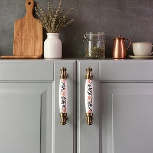 Vintage Brass & Ceramic Cabinet Pulls | Floral Porcelain Drawer Handles | Cottagecore Antique Brass Hardware for Kitchen Dresser
