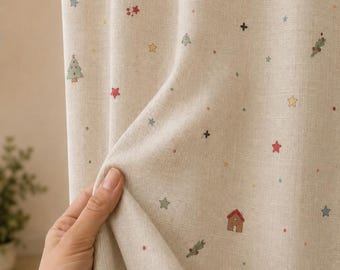 Christmas Tree Curtains, Cozy Holiday Drapes, Vintage Cottage Window Panels with Stars, Winter Home Deco for Living Room Bedroom Holiday Joy