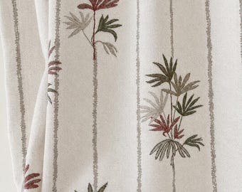Embroidered Botanical Curtain, Cream Striped Drapery Panel, Linen Look Floral Curtain, Pinch Pleat Farmhouse Cottage Window Decor Home Decor