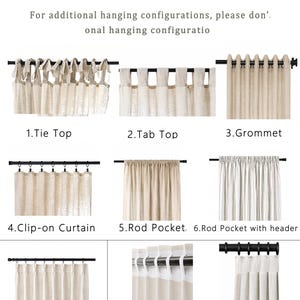 May include: An informational chart titled Hanging Types displays eight curtain styles: 1. Tie Top, 2. Tab Top, 3. Grommet, 4. Clip-on Curtain, 5. Rod Pocket, 6. Rod Pocket with header, 7. Pinch Pleat, and 8. Multifunctional Curtain Tape with Back Tab.