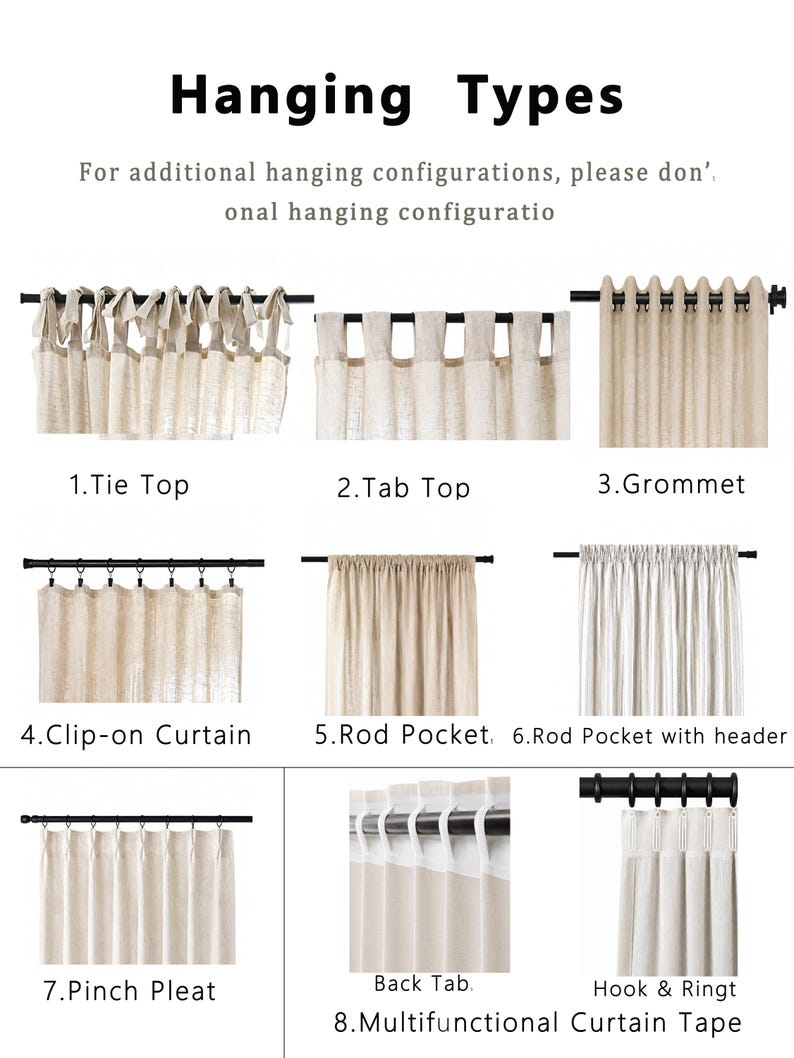 May include: An informational chart titled Hanging Types displays eight curtain styles: 1. Tie Top, 2. Tab Top, 3. Grommet, 4. Clip-on Curtain, 5. Rod Pocket, 6. Rod Pocket with header, 7. Pinch Pleat, and 8. Multifunctional Curtain Tape with Back Tab.