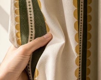 Olive Green & Mustard Striped Curtain, Vintage Geometric Drapery, Cream Woven Curtain, Boho Farmhouse Window Decor, Retro Living Room Drapes