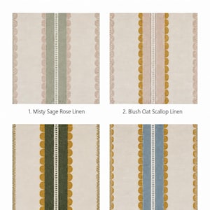 May include: Four square linen fabric swatches with the text 'You can choose from four colors.' Each swatch features a central vertical stripe with scalloped edges and a decorative border. The color combinations are Misty Sage Rose, Blush Oat Scallop, Olive Arch, and Dusty Blue Golden.