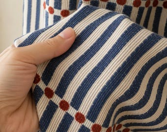 Navy Blue Stripe Curtains, Red Accent Lines Window Drapes, Coastal Farmhouse Curtain Panels, Vintage Cottage Style Custom Home Decor