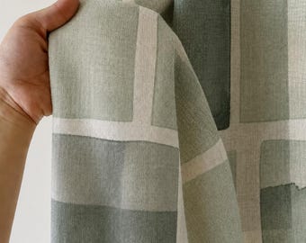 Sage Green Geometric Linen Curtains, Modern Grid Window Drapes, Textured Cotton Blend Panels, Minimalist Organic Home Decor, Custom Curtains