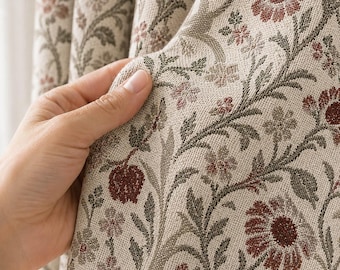 Vintage Red Floral Curtain Panel, Botanical Woven Drapes, Cottage Farmhouse Window Treatment, Custom Living Room Bedroom Decor Curtains Boho