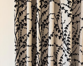 Chenille Jacquard Curtains, Black Floral Vine Pattern Drapes, Heavy Textured Neutral Curtain Panels, Modern Organic Window Treatment