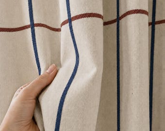 Modern Blue Stripe Curtains, Beige Window Panels, Farmhouse Grid Drapes, French Country Living Room Bedroom Decor Custom Made for Any Room