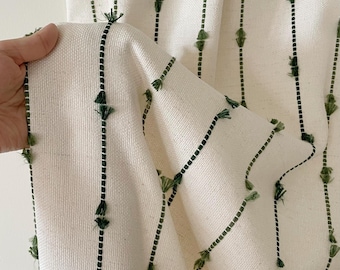 Linen Blackout Curtains, Green Tassel Striped Neutral Boho Farmhouse Room Darkening Curtains for Bedroom Living Room, Custom Curtains