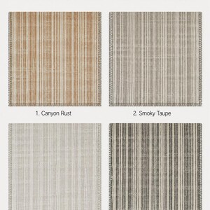 May include: Four square fabric swatches with vertical striped patterns. The colors are labeled as 1. Canyon Rust, 2. Smoky Taupe, 3. Flax Mist, and 4. Charcoal Ink. Each swatch features a textured weave with a stitched border on all sides.