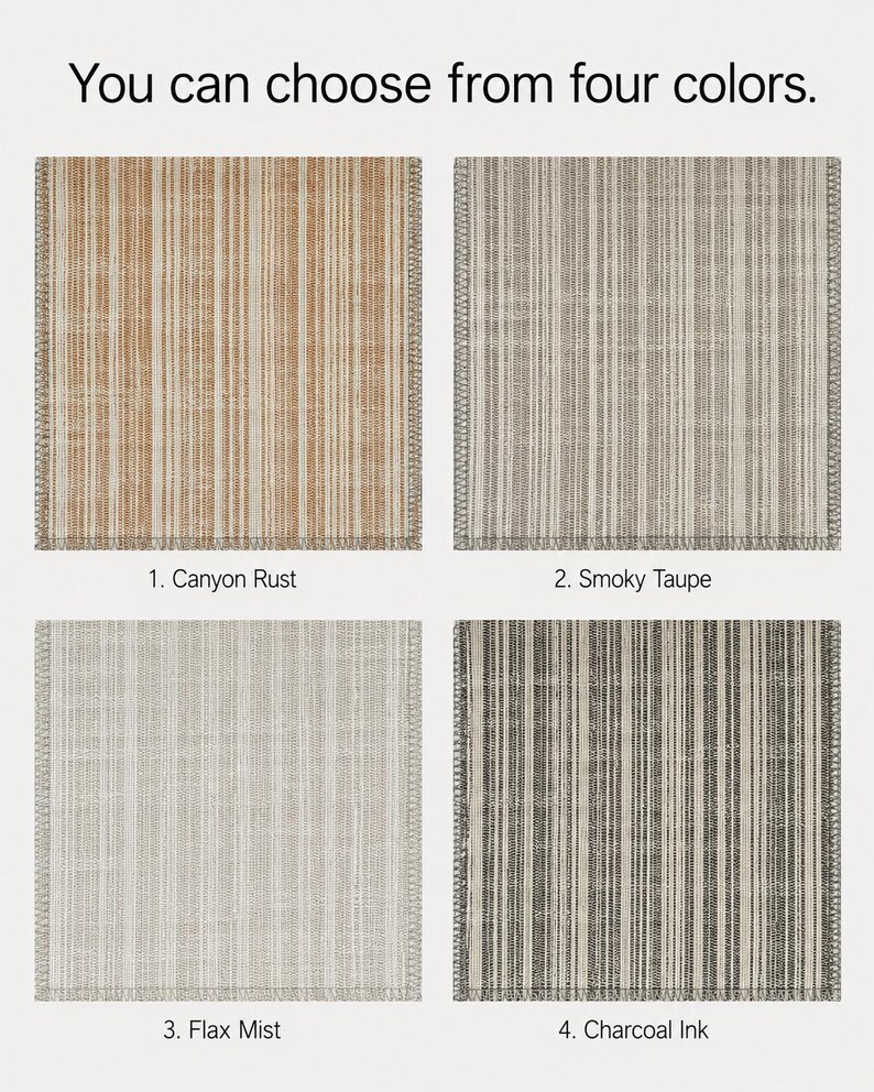 May include: Four square fabric swatches with vertical striped patterns. The colors are labeled as 1. Canyon Rust, 2. Smoky Taupe, 3. Flax Mist, and 4. Charcoal Ink. Each swatch features a textured weave with a stitched border on all sides.