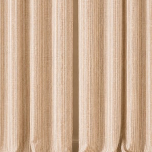 May include: A pair of floor-length curtains featuring a vertical striped pattern in shades of beige, tan, and cream. The fabric has a textured, woven appearance with consistent pleats running from the top to the bottom hem of the panels.