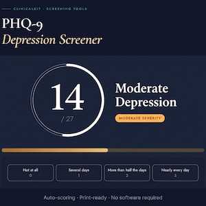 Puede incluir: Gráfico digital para un cuestionario PHQ-9 sobre la depresión. El fondo azul oscuro presenta el texto "PHQ-9 Depression Screener" y un gráfico circular que muestra una puntuación de 14/27, lo que indica depresión moderada. El gráfico incluye el texto "Moderate Depression".