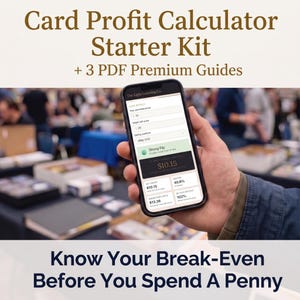 Peut inclure: Un smartphone affichant l'interface du Card Profit Calculator Starter Kit avec des champs pour le prix d'achat, le prix de vente cible et la plateforme. L'écran indique un bénéfice net de 10,15 $, une marge de 40,6 % et un seuil de rentabilité de 13,36 $.