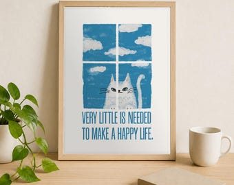 Lámina decorativa de gato blanco: Se necesita muy poco para tener una vida feliz | Cita, cielo azul, ventana, póster con ilustración de gato | Descarga digital | Regalo para amantes de los gatos | Decoración para salón, dormitorio y habitación infantil