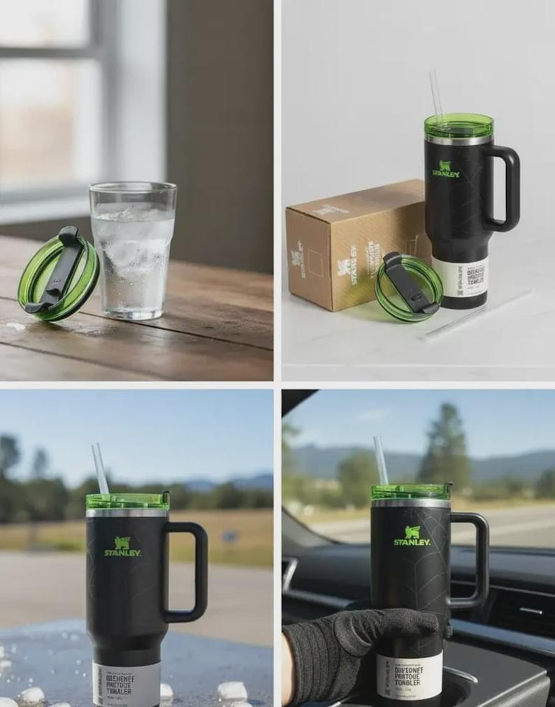 May include: Black Stanley tumbler with a green lid and handle. The tumbler has a straw and the Stanley logo. A glass of water and the tumbler's box are also shown.
