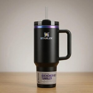 Pode incluir: Caneca Stanley Quencher H2.0 preta com al&ccedil;a e canudo. A caneca tem uma tampa preta com uma faixa iridescente arco-&iacute;ris. O texto na caneca diz "QUENCHER H2.0 TUMBLER" e "Black Chroma Collection".