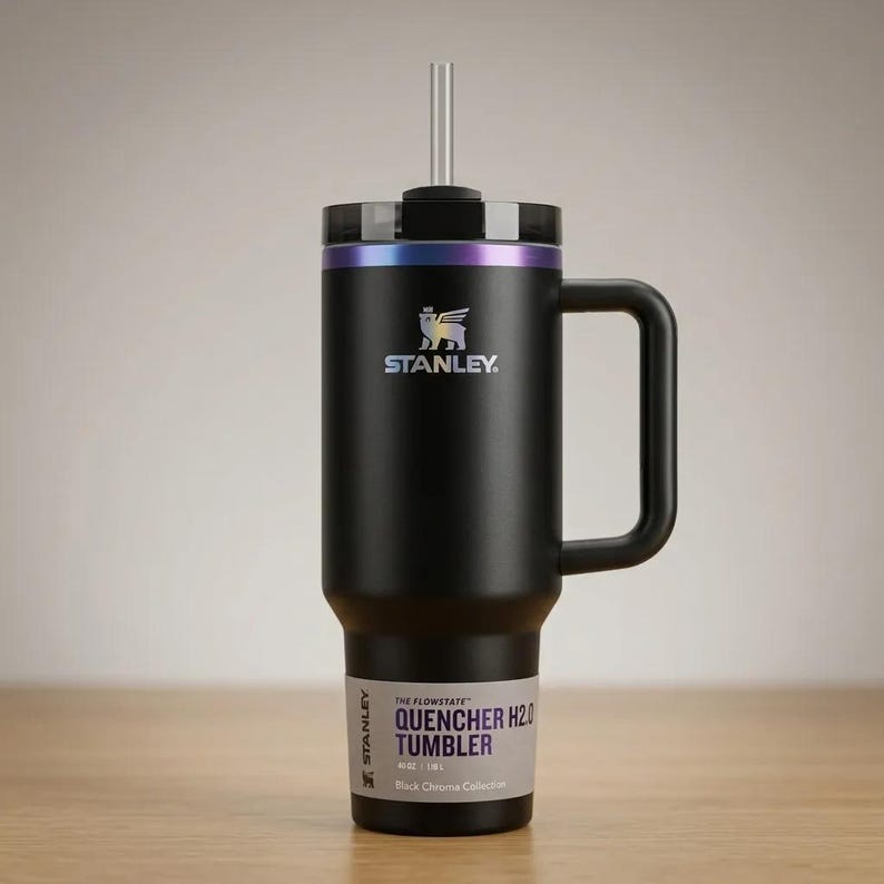 Pode incluir: Caneca Stanley Quencher H2.0 preta com al&ccedil;a e canudo. A caneca tem uma tampa preta com uma faixa iridescente arco-&iacute;ris. O texto na caneca diz "QUENCHER H2.0 TUMBLER" e "Black Chroma Collection".