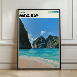 Maya Bay Thailand Poster, Koh Phi Phi Tryck, Turkos Strand Resa Väggkonst