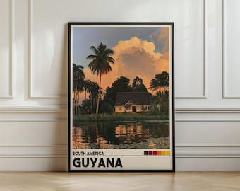 May include: A framed vertical art print featuring a landscape of a house near a river at sunset with palm trees and large clouds. The text at the bottom reads SOUTH AMERICA GUYANA, accompanied by a color palette of purple, red, orange, and yellow.