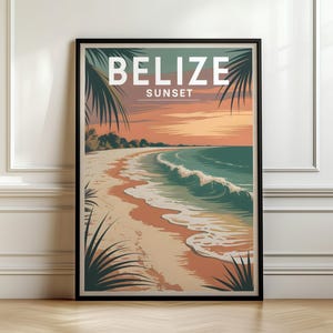 Belize Sunset Poster, Vintage Beach Wall Art, Retro Travel Print