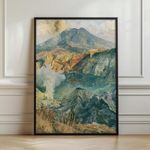 May include: A framed vertical wall art print featuring an oil painting of a volcanic mountain landscape. The scene depicts a large peak with visible smoke, rugged terrain in shades of brown, green, and blue, and textured brushstrokes throughout.