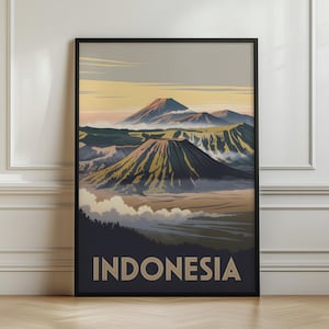 Indonesia Volcano Poster, Mount Bromo Print, Retro Travel Wall Art, Java Island Decor
