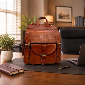 May include: A cognac-coloured leather backpack featuring a large top flap, a central front pocket with a buckle closure, two side pockets, and a top handle. The bag is constructed with visible stitching and metallic hardware accents throughout the design.