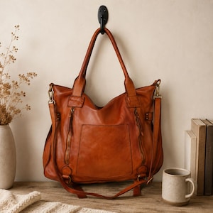 Handgefertigte Ledertasche | Shopper aus echtem Ziegenleder | Große Schultertasche | Vintage-Arbeitstasche