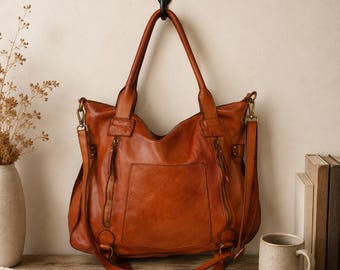 Handmade Leather Tote Bag | Genuine Goat Leather Shopper Bag | Large Shoulder Tote|Vintage Work Bag